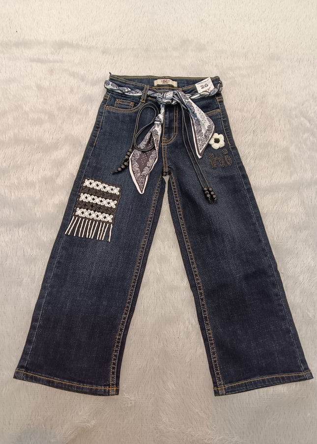 GIRLS JEANS CODE-A220 Girls Dark Blue Embroidered Wide Leg Denim Jeans with Scarf Belt | Stylish Kids Denim Pants | He And She