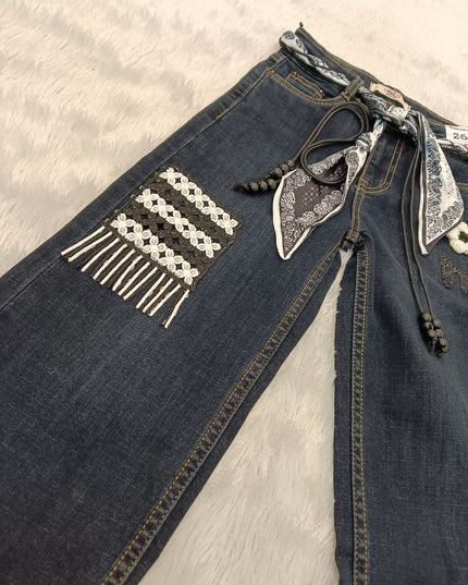 GIRLS JEANS CODE-A220 Girls Dark Blue Embroidered Wide Leg Denim Jeans with Scarf Belt | Stylish Kids Denim Pants | He And She