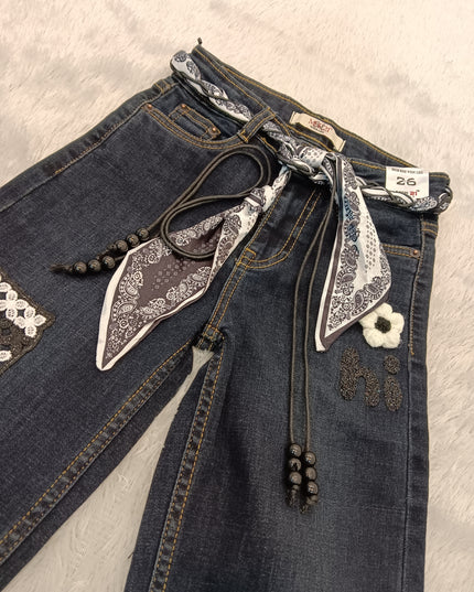 GIRLS JEANS CODE-A220 Girls Dark Blue Embroidered Wide Leg Denim Jeans with Scarf Belt | Stylish Kids Denim Pants | He And She