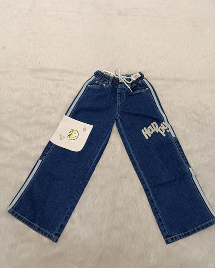 GIRLS JEANS CODE-A219 Girls Dark Blue Wide Leg Denim Jeans with Smile Pocket | Casual Kids Denim Pants | He And She