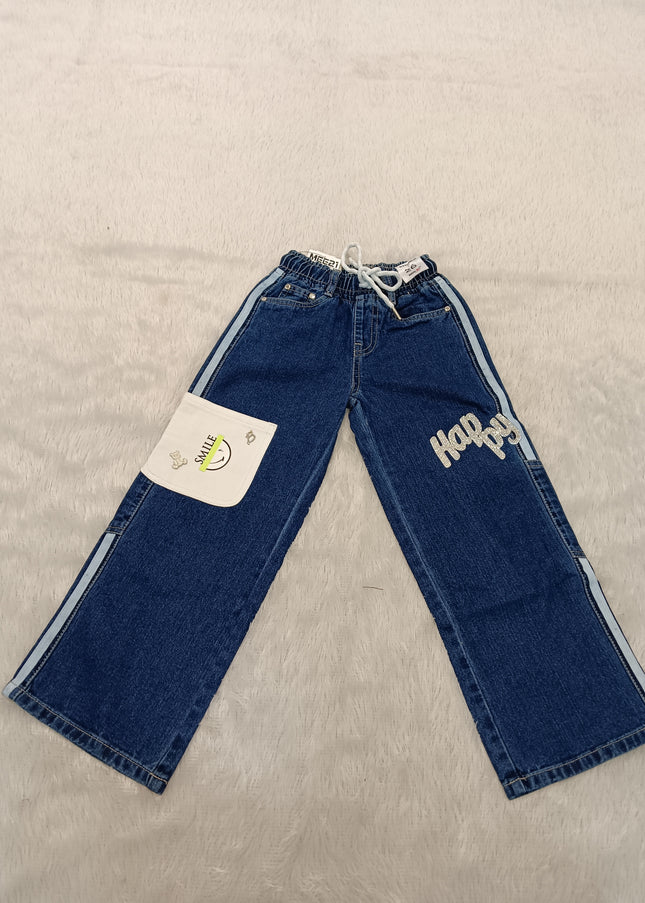 GIRLS JEANS CODE-A219 Girls Dark Blue Wide Leg Denim Jeans with Smile Pocket | Casual Kids Denim Pants | He And She