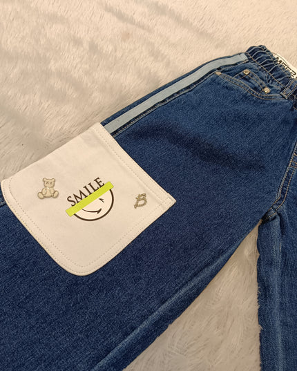 GIRLS JEANS CODE-A219 Girls Dark Blue Wide Leg Denim Jeans with Smile Pocket | Casual Kids Denim Pants | He And She
