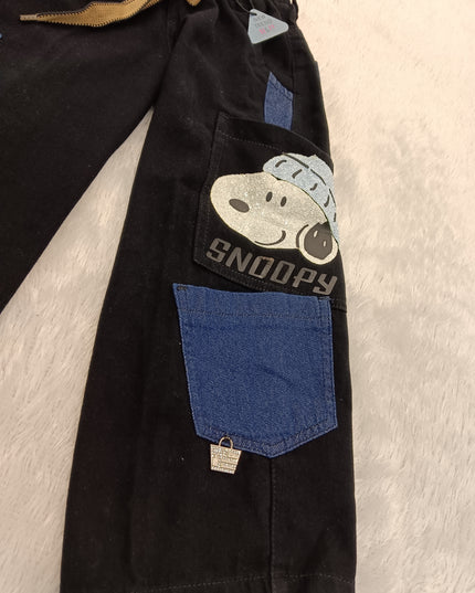 GIRLS JEANS CODE-A217 Girls Black Wide Leg Patch Pocket Cotton Pants with Snoopy Print | Stylish Casual Bottoms for Kids | He And She