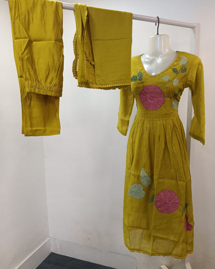 LADIES KURTIS SET CODE-A229 Mustard Embroidered Kurti Pant with Dupatta Set for Women