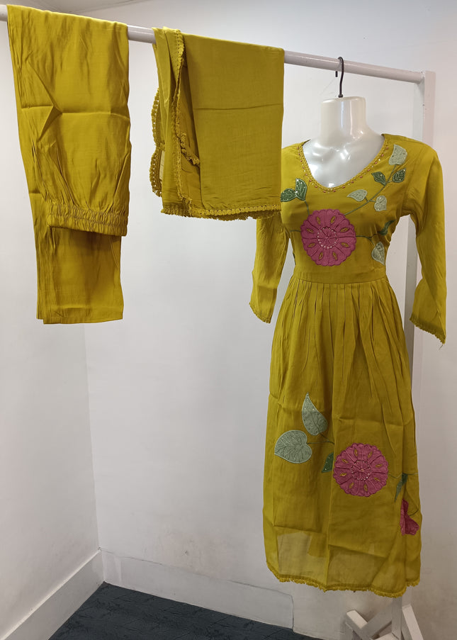LADIES KURTIS SET CODE-A229 Mustard Embroidered Kurti Pant with Dupatta Set for Women