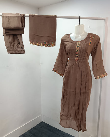 LADIES KURTI SET CODE-A231 Women’s Brown Embroidered Kurta Pant Set with Dupatta