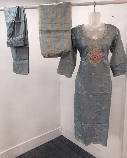 LADIES KURTI SET CODE-A234 Women’s Blue Grey Embroidered Kurta Pant Set with Striped Dupatta