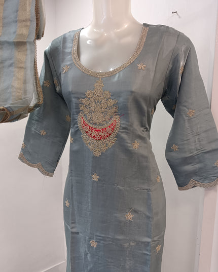 LADIES KURTI SET CODE-A234 Women’s Blue Grey Embroidered Kurta Pant Set with Striped Dupatta