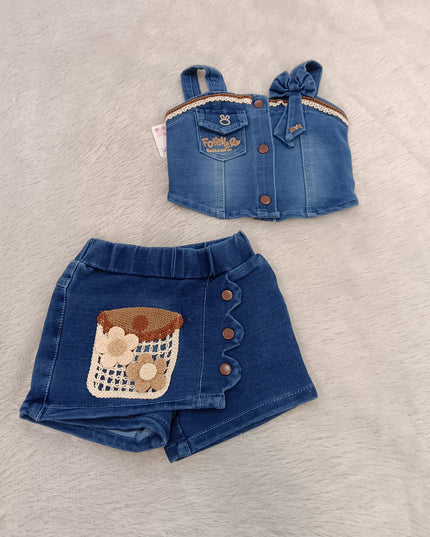 GIRLS WESTERN SET CODE-A223 Girls Denim Top & Shorts Set with Bow Detail | Stylish Summer Co-Ord Set