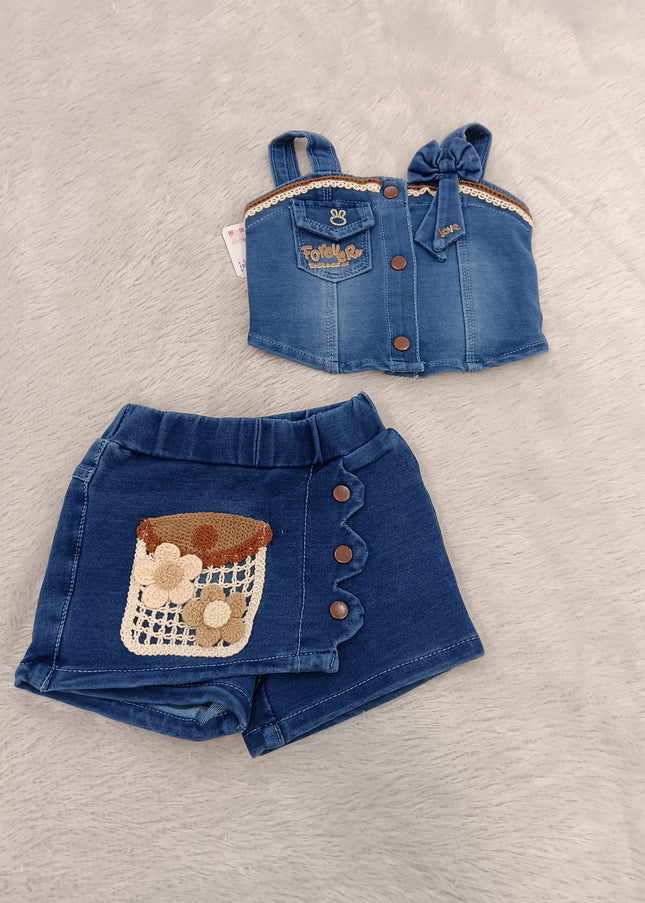 GIRLS WESTERN SET CODE-A223 Girls Denim Top & Shorts Set with Bow Detail | Stylish Summer Co-Ord Set