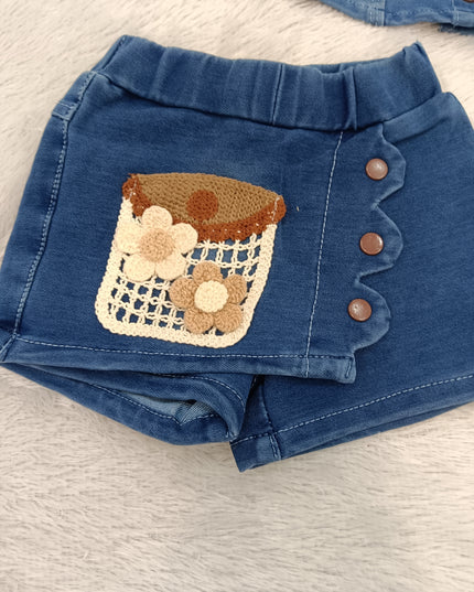 GIRLS WESTERN SET CODE-A223 Girls Denim Top & Shorts Set with Bow Detail | Stylish Summer Co-Ord Set