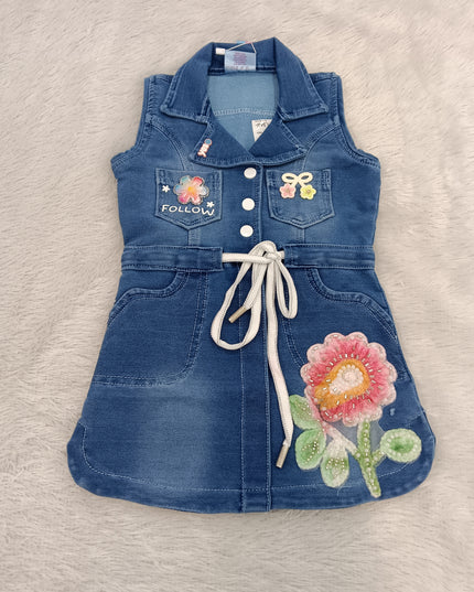 GIRLS MIDI CODE-A225 Girls Denim Shirt Dress with Floral Embroidery & Waist Tie Belt
