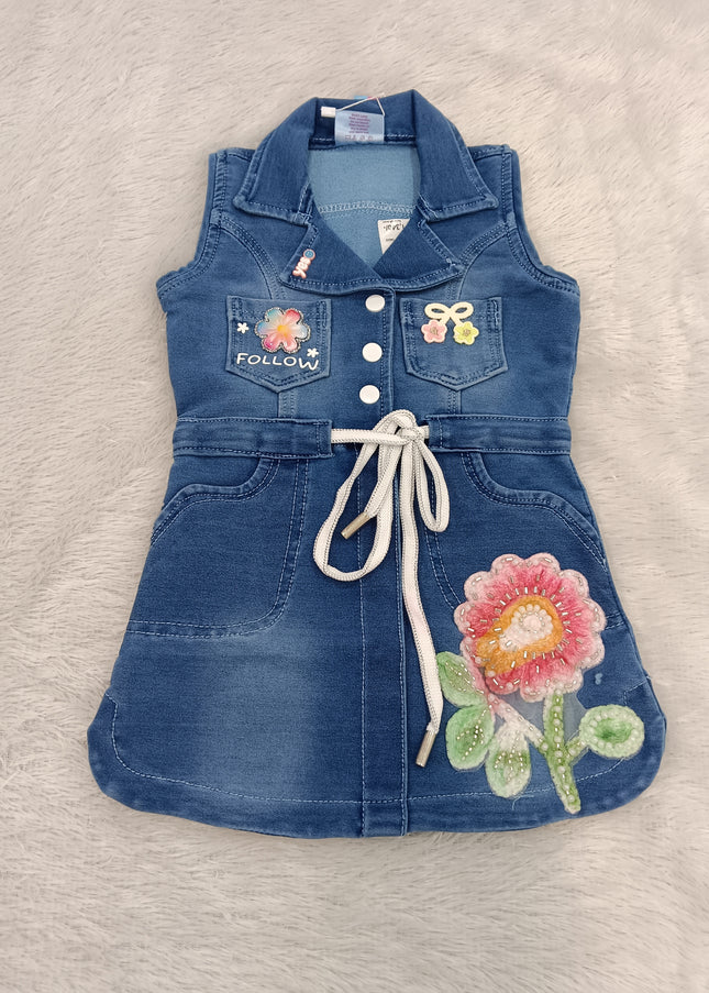 GIRLS MIDI CODE-A225 Girls Denim Shirt Dress with Floral Embroidery & Waist Tie Belt