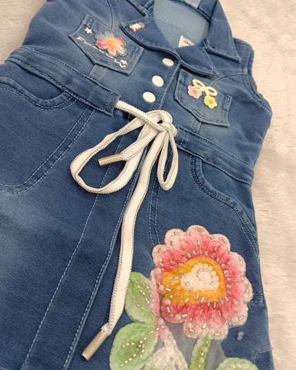 GIRLS MIDI CODE-A225 Girls Denim Shirt Dress with Floral Embroidery & Waist Tie Belt