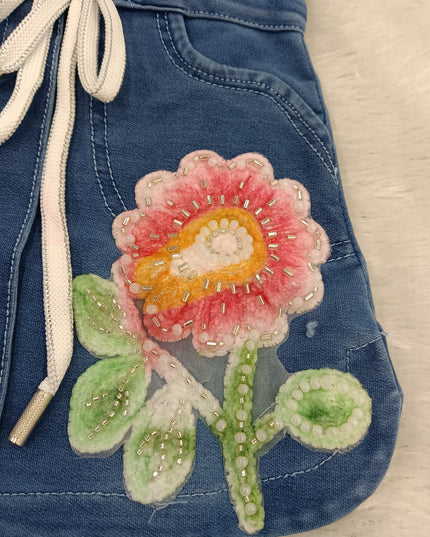 GIRLS MIDI CODE-A225 Girls Denim Shirt Dress with Floral Embroidery & Waist Tie Belt