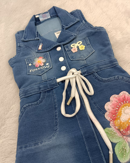 GIRLS MIDI CODE-A225 Girls Denim Shirt Dress with Floral Embroidery & Waist Tie Belt