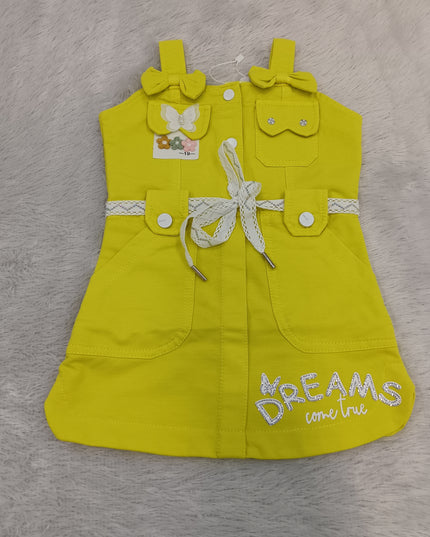 GIRLS MIDI CODE-A224 Girls Bright Yellow Bow Pocket Dress | Stylish Sleeveless Casual Dress for Kids