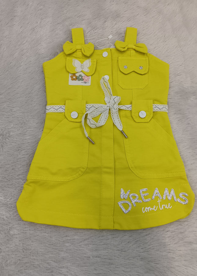GIRLS MIDI CODE-A224 Girls Bright Yellow Bow Pocket Dress | Stylish Sleeveless Casual Dress for Kids