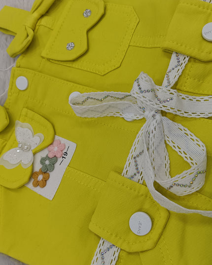 GIRLS MIDI CODE-A224 Girls Bright Yellow Bow Pocket Dress | Stylish Sleeveless Casual Dress for Kids