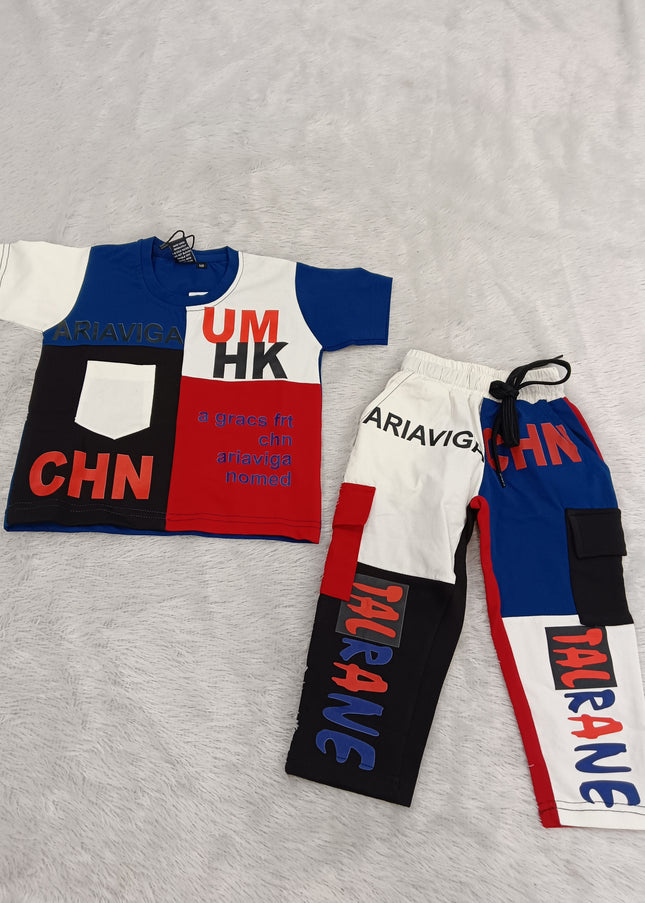 BOYS CODINATE CODE-A236 Boys Color Block T-Shirt & Cargo Pants Co-Ord Set