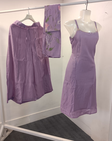 LADIES COTS CODE-A248 Women’s Sleeveless Kurti Palazzo Set with Floral Dupatta – Lavender & Lemon