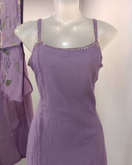 LADIES COTS CODE-A248 Women’s Sleeveless Kurti Palazzo Set with Floral Dupatta – Lavender & Lemon