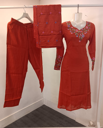 LADIES KURTI SET CODE-A265 Women’s Red Embroidered Kurta Pant Set with Dupatta