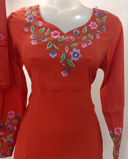LADIES KURTI SET CODE-A265 Women’s Red Embroidered Kurta Pant Set with Dupatta