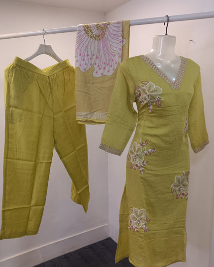 LADIES KURTI SET CODE-A254 Women’s Embroidered Kurta Pant Set with Printed Dupatta – Olive Green