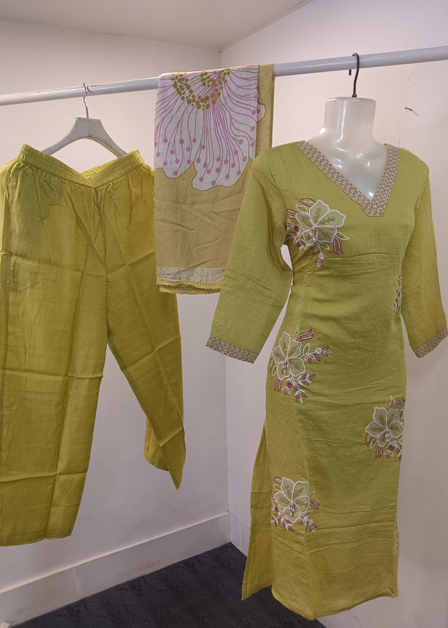 LADIES KURTI SET CODE-A254 Women’s Embroidered Kurta Pant Set with Printed Dupatta – Olive Green