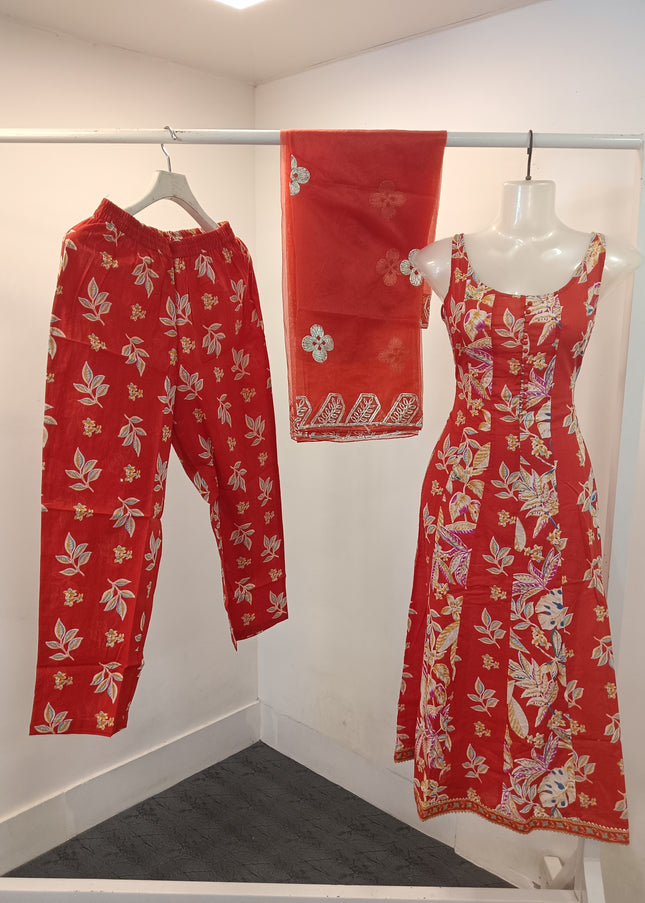 LADIES KURTI SET CODE-A261 Women’s Red Floral Printed Kurta Pant Set with Dupatta