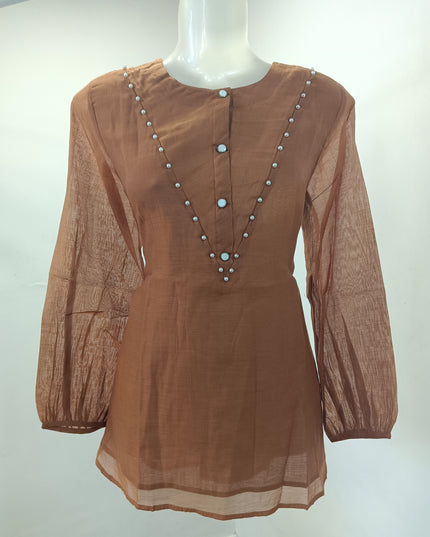 LADIES TWINIC CODE-A259 Women’s Brown Embellished Short Kurti with Sheer Sleeves