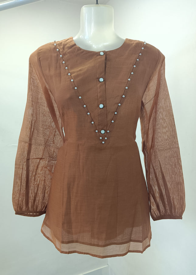 LADIES TWINIC CODE-A259 Women’s Brown Embellished Short Kurti with Sheer Sleeves