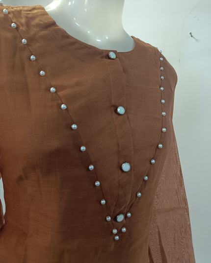 LADIES TWINIC CODE-A259 Women’s Brown Embellished Short Kurti with Sheer Sleeves