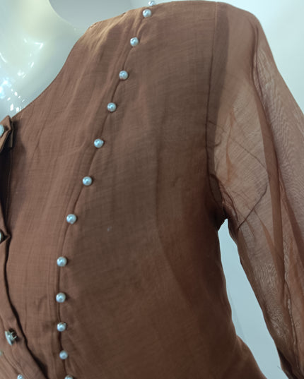 LADIES TWINIC CODE-A259 Women’s Brown Embellished Short Kurti with Sheer Sleeves