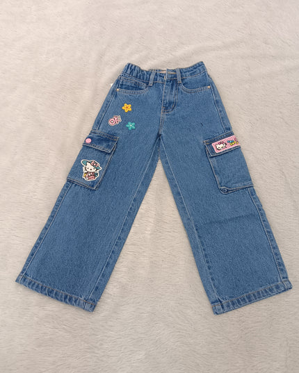GIRLS JEANS CODE-A251 Girls’ Wide-Leg Cartoon Patch Cargo Jeans | Stylish Denim Pants