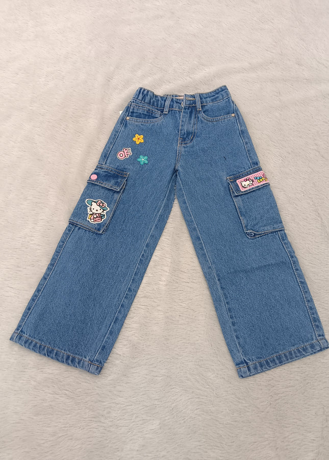 GIRLS JEANS CODE-A251 Girls’ Wide-Leg Cartoon Patch Cargo Jeans | Stylish Denim Pants