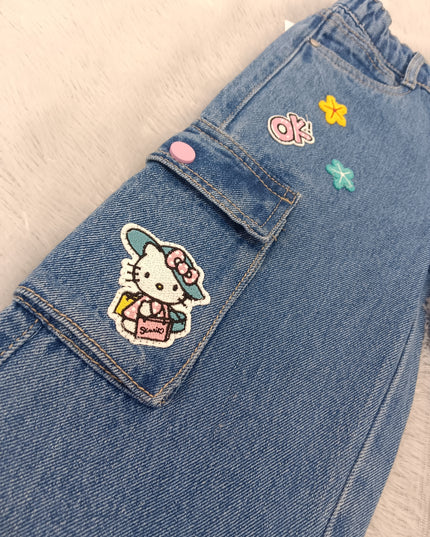 GIRLS JEANS CODE-A251 Girls’ Wide-Leg Cartoon Patch Cargo Jeans | Stylish Denim Pants