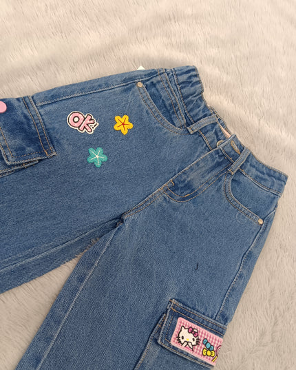GIRLS JEANS CODE-A251 Girls’ Wide-Leg Cartoon Patch Cargo Jeans | Stylish Denim Pants
