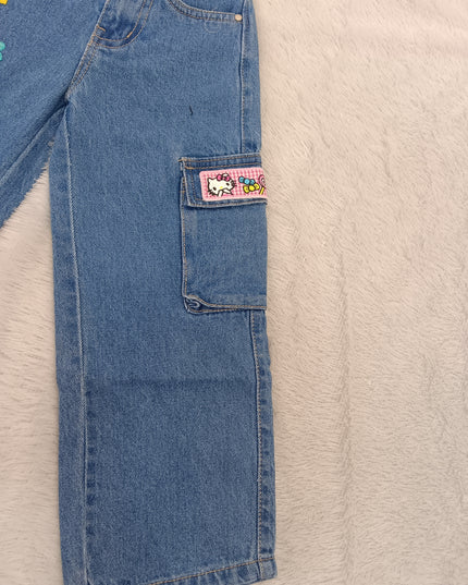 GIRLS JEANS CODE-A251 Girls’ Wide-Leg Cartoon Patch Cargo Jeans | Stylish Denim Pants