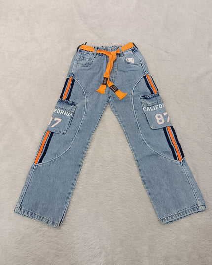 BOYS JEANS CODE-A240 Boys Light Blue Cargo Style Denim Jeans with Orange Stripes & Utility Pockets