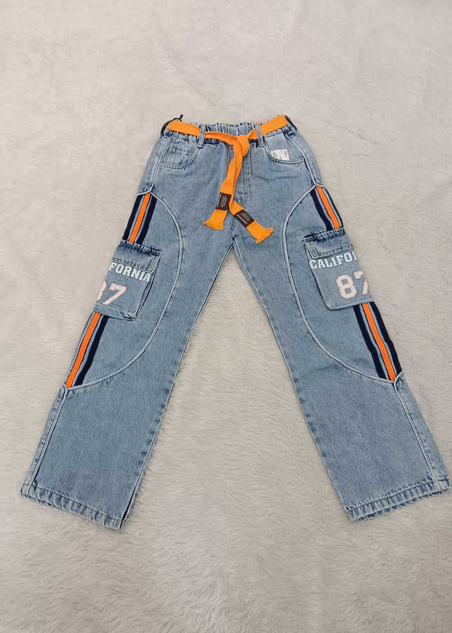 BOYS JEANS CODE-A240 Boys Light Blue Cargo Style Denim Jeans with Orange Stripes & Utility Pockets