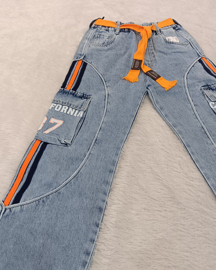 BOYS JEANS CODE-A240 Boys Light Blue Cargo Style Denim Jeans with Orange Stripes & Utility Pockets
