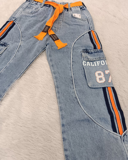 BOYS JEANS CODE-A240 Boys Light Blue Cargo Style Denim Jeans with Orange Stripes & Utility Pockets