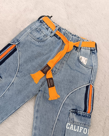 BOYS JEANS CODE-A240 Boys Light Blue Cargo Style Denim Jeans with Orange Stripes & Utility Pockets