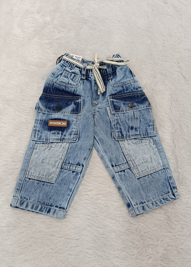 BOYS JEANS CODE-A253 Boys Light Blue Washed Denim Cargo Jeans with Utility Pockets