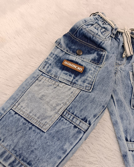BOYS JEANS CODE-A253 Boys Light Blue Washed Denim Cargo Jeans with Utility Pockets