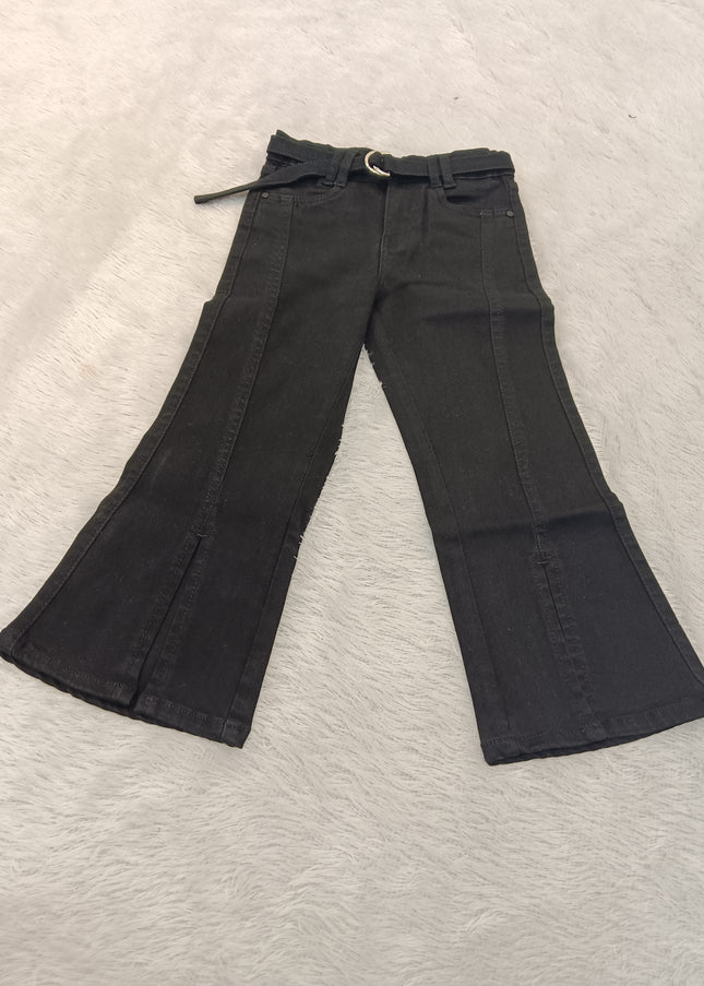 GIRLS JEANS CODE-A252 Girls Black Flared Jeans with Belt | Stylish Wide-Leg Denim Pants