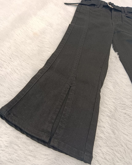 GIRLS JEANS CODE-A252 Girls Black Flared Jeans with Belt | Stylish Wide-Leg Denim Pants
