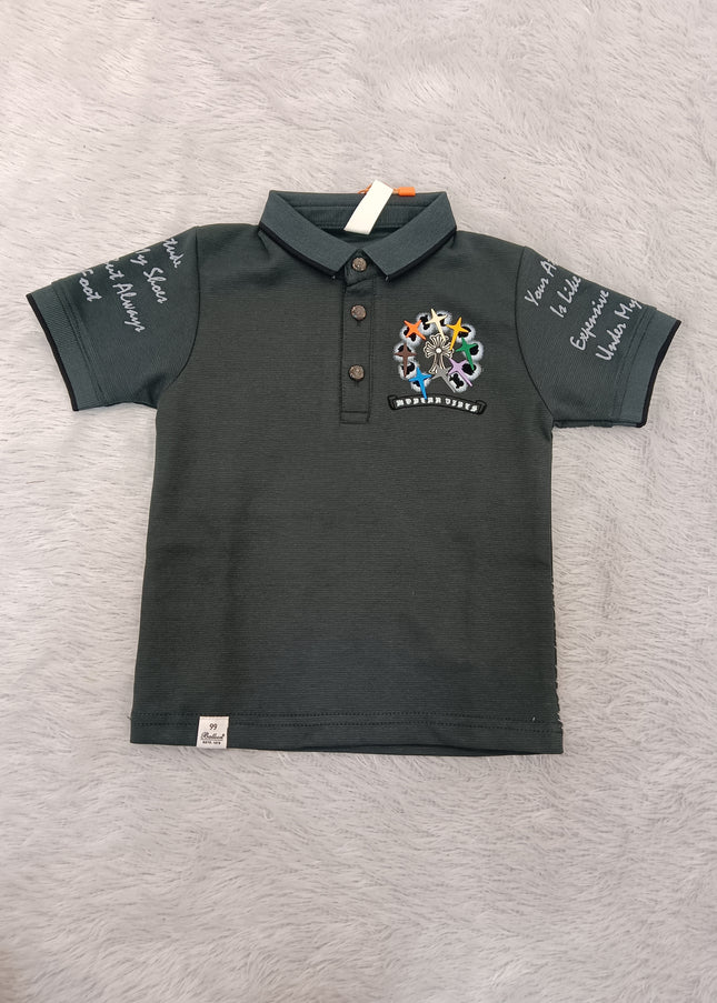 BOYS TSHIRT CODE-A241 Boys Dark Green Printed Polo T-Shirt with Graphic Detail